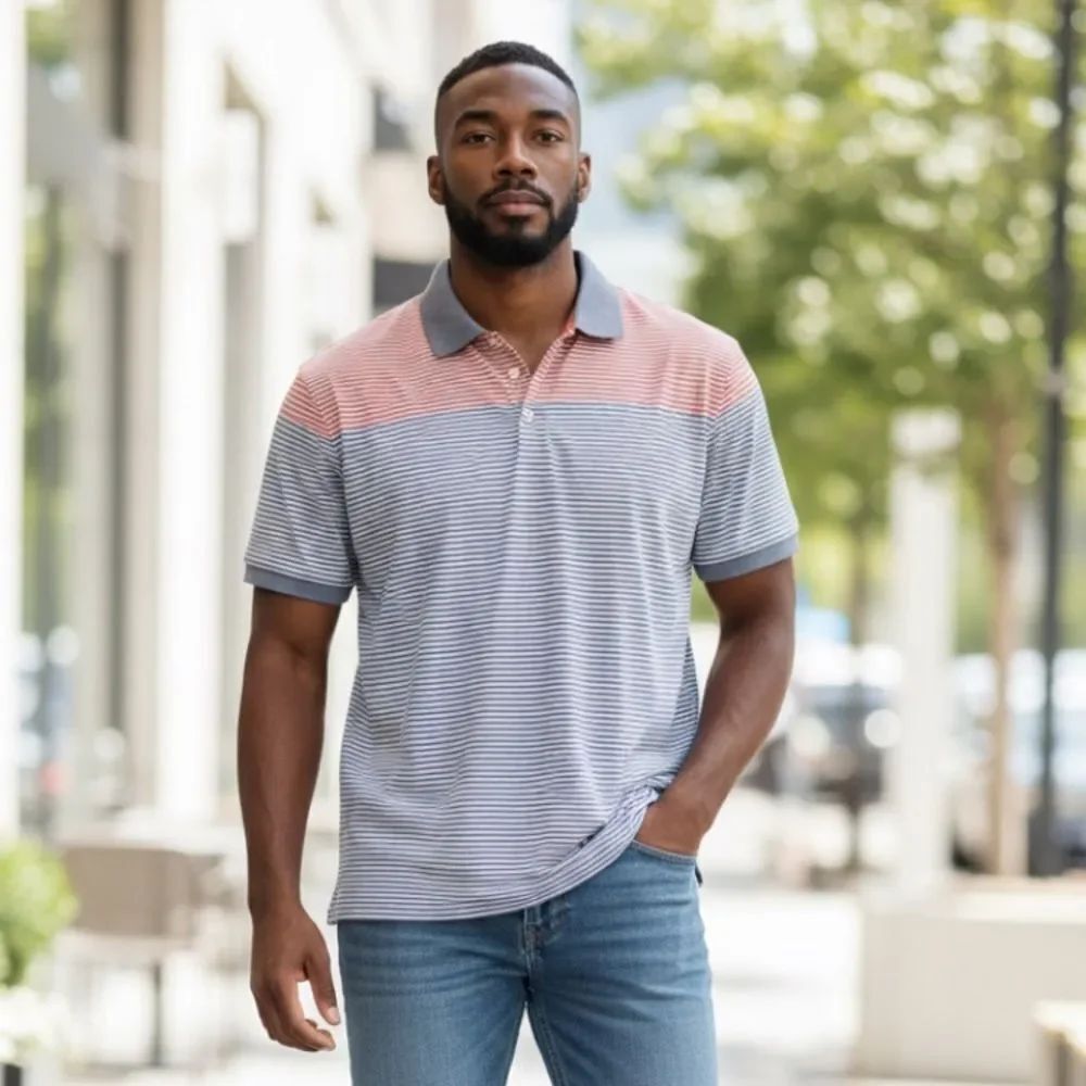 MURANO, slim fit, performance XL, Striped Polo Shirt - Red and Blue